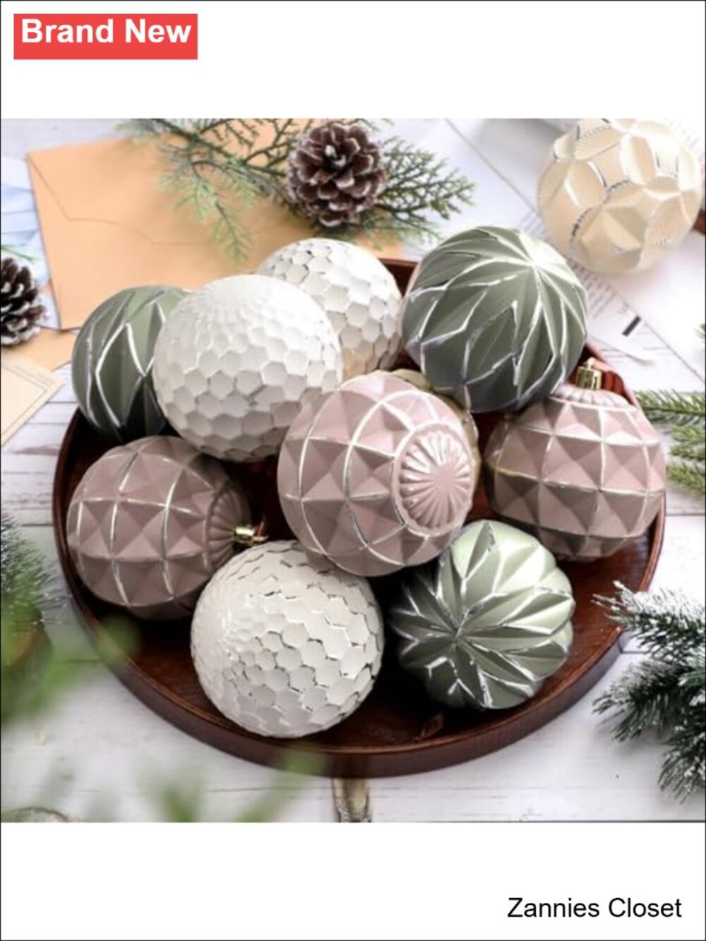 🎄 12 Pcs Neutral Christmas Ornaments Textured Ball Hanging Decor 3.15" Plastic